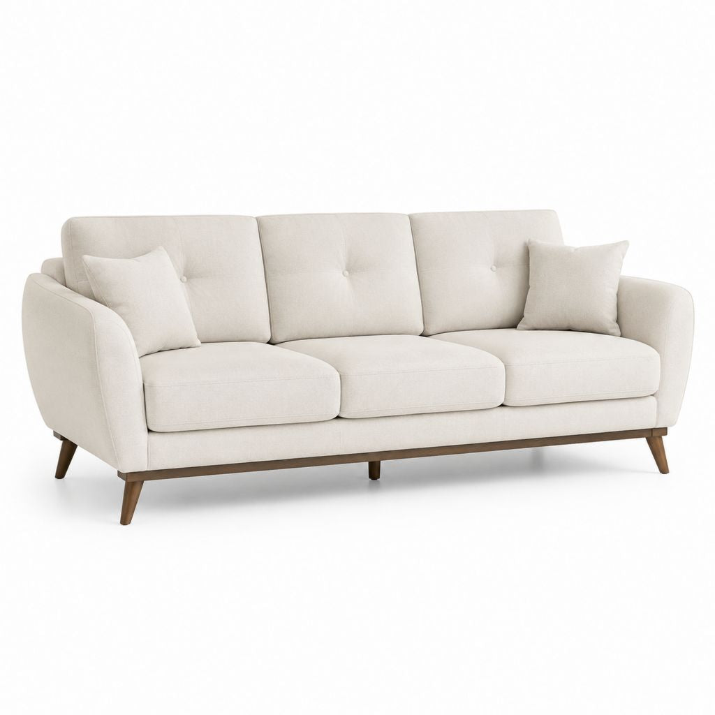 Divano 3 posti beige in poliestere con piedi in legno massello di hevea 220 x 90 x 86 cm