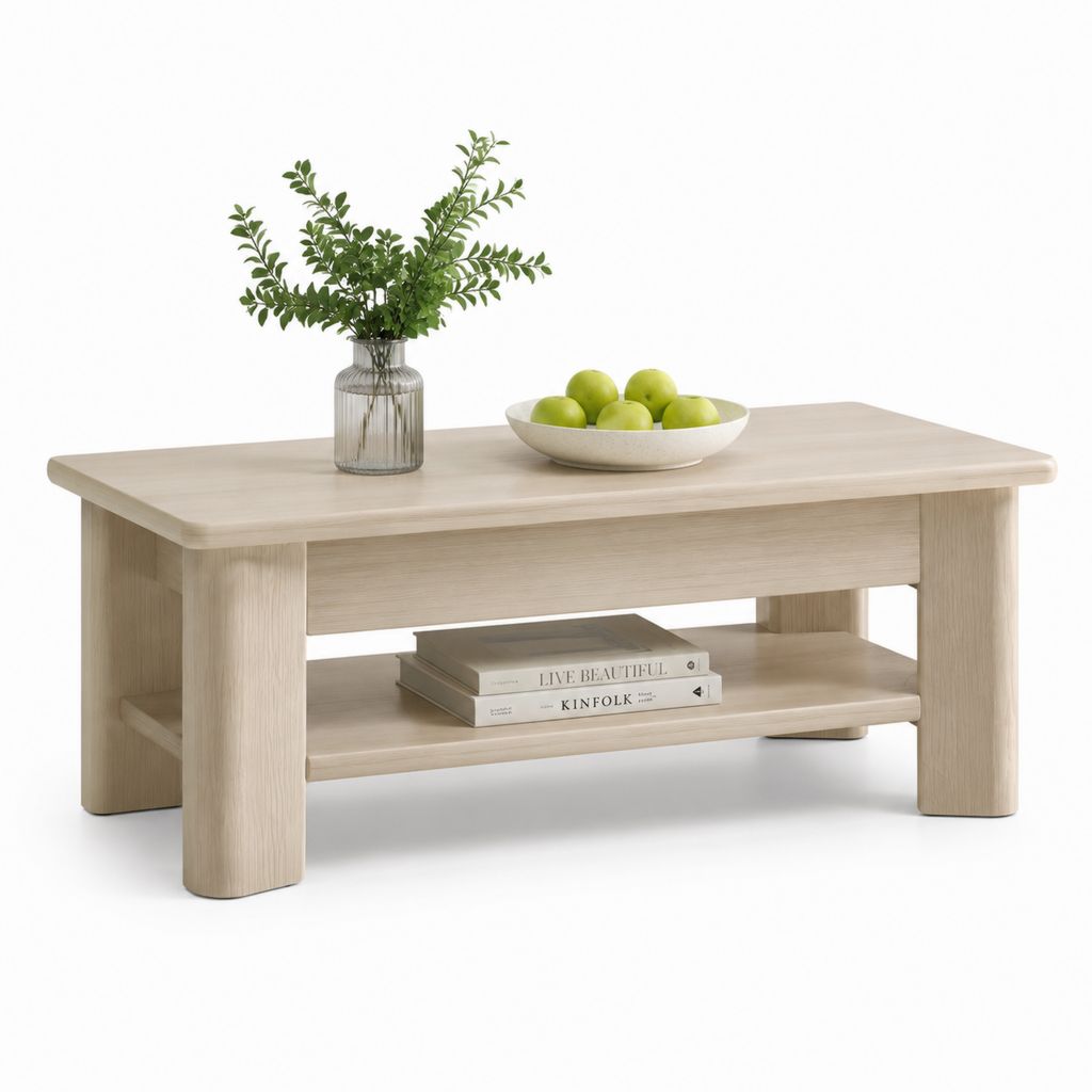 Tavolino da caffè rettangolare rovere chiaro in MDF 100 x 50 x 45 cm con ripiano inferiore