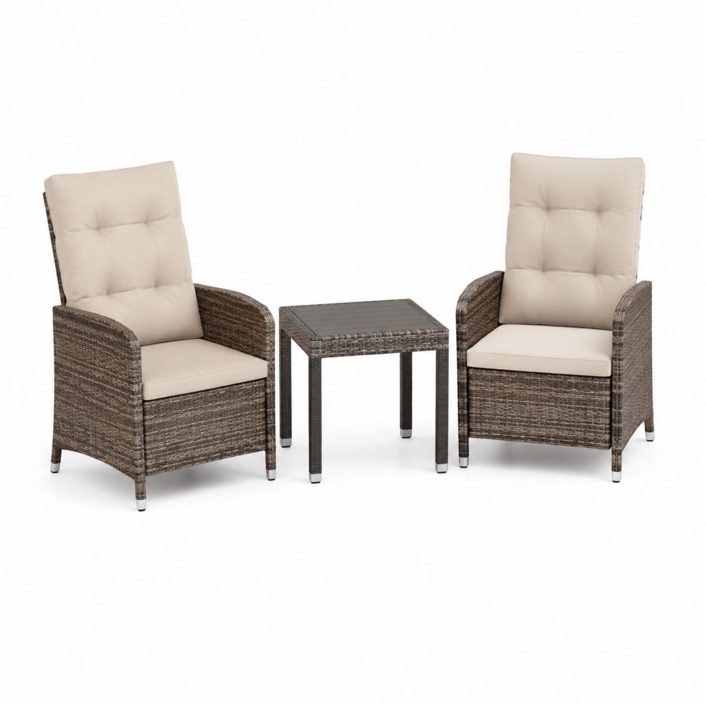 Set da giardino 3 pezzi marrone e beige in rattan PE con 2 poltrone reclinabili 58 x 62 x 108 cm e tavolino quadrato 45 x 45 x 40 cm