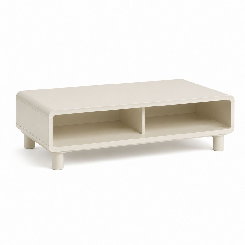Tavolino da caffè rettangolare color crema in MDF laccato con 2 vani 100 x 60 x 35 cm