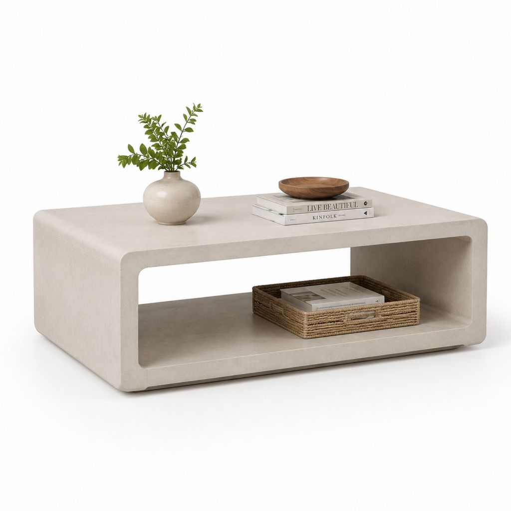 Tavolino da caffè rettangolare beige in MDF effetto pietra con vano portaoggetti 120 x 60 x 40 cm