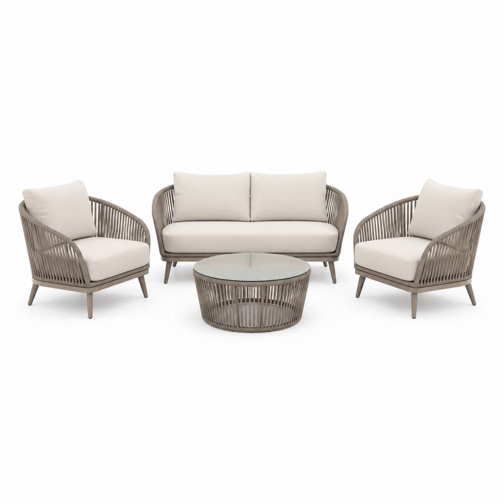Set salotto da giardino 4 pezzi grigio tortora in alluminio e corda di polipropilene con divano 2 posti 140 x 75 x 78 cm