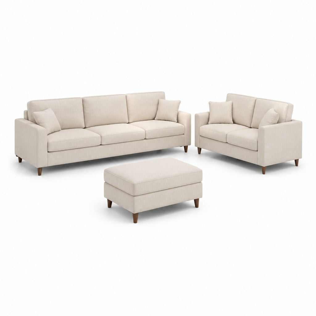 Set divani 3 posti e 2 posti con pouf beige in poliestere 210 x 88 x 86 cm