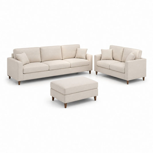 Set divani 3 posti e 2 posti con pouf beige in poliestere 210 x 88 x 86 cm