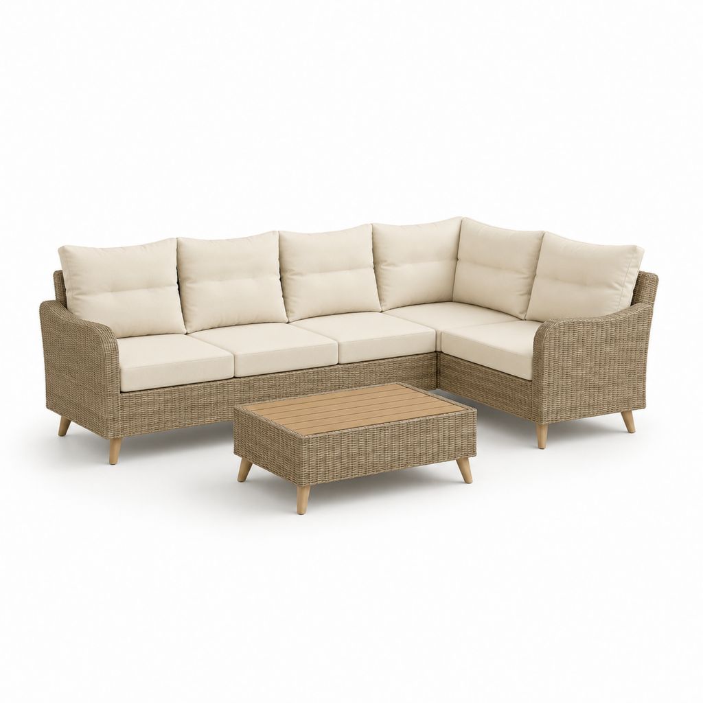 Set divano da giardino angolare 5 posti beige in polietilene e poliestere con tavolino in acacia 250 x 190 x 82 cm