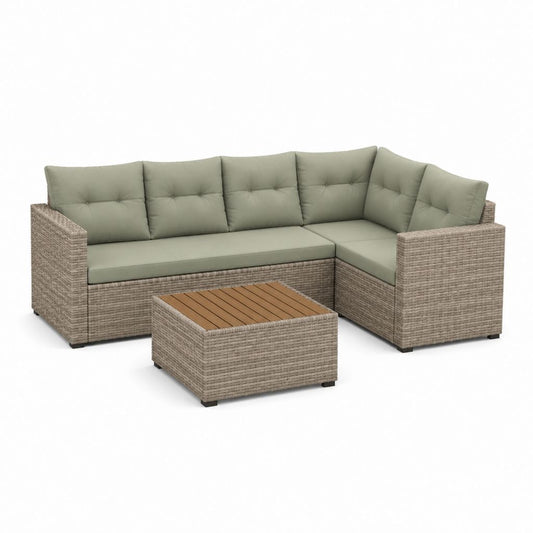Set divano angolare da giardino 3 pezzi beige e verde salvia in rattan PE con tavolino 210 x 210 x 85 cm