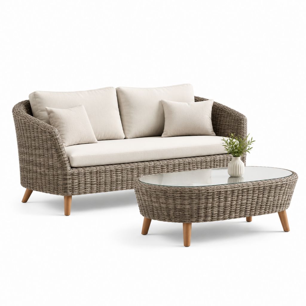 Set divano da giardino 2 posti con tavolino ovale grigio in rattan PE e vetro temperato Divano 160 x 80 x 78 cm Tavolino 110 x 60 x 42 cm