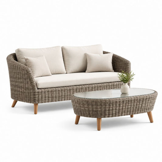 Set divano da giardino 2 posti con tavolino ovale grigio in rattan PE e vetro temperato Divano 160 x 80 x 78 cm Tavolino 110 x 60 x 42 cm