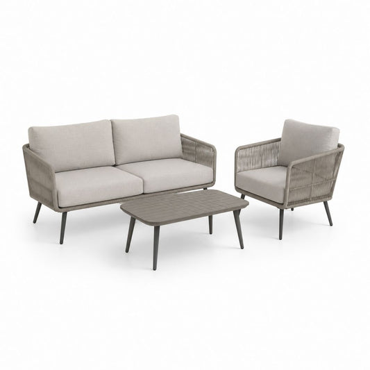 Set salotto da giardino 3 pezzi con divano 2 posti poltrona e tavolino rettangolare tortora in acciaio e corda di poliestere divano 140 x 75 x 78 cm