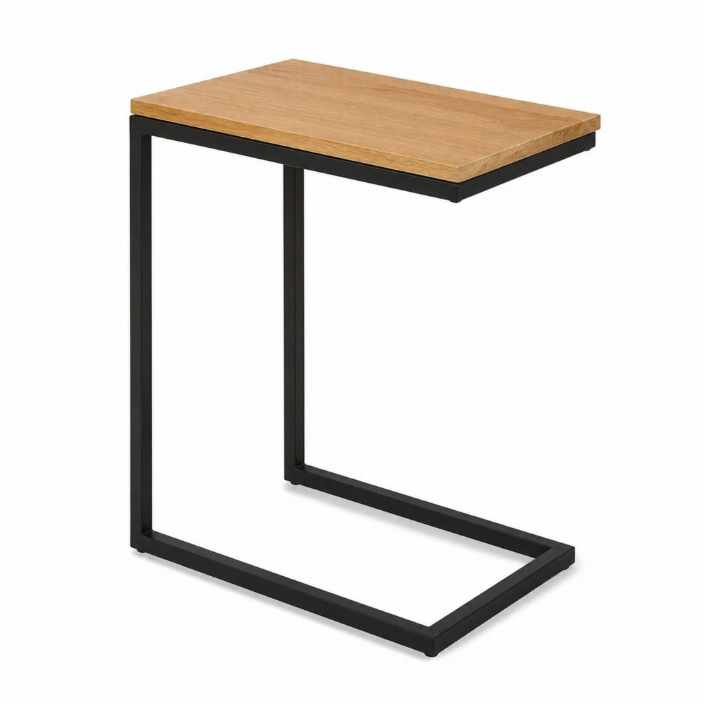Tavolino laterale a C rovere e nero in MDF impiallacciato rovere e acciaio 45 x 30 x 60 cm