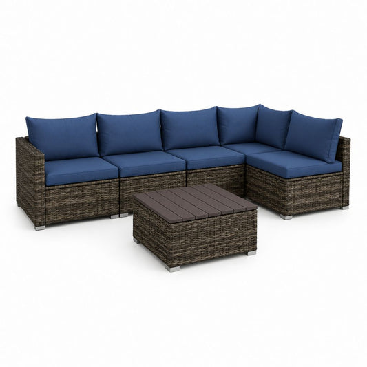 Set salotto da giardino angolare 5 pezzi blu e marrone in rattan PE con tavolino 275 x 205 x 65 cm