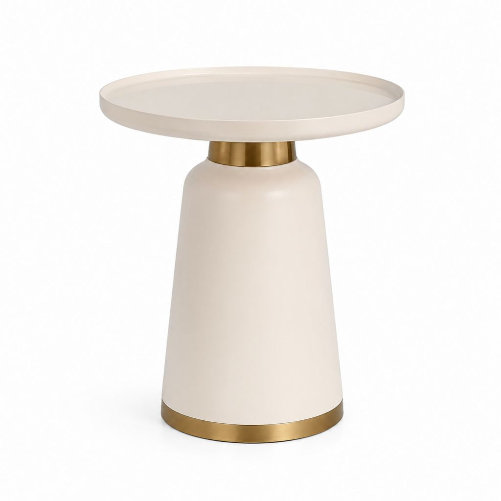 Tavolino laterale rotondo avorio e oro in MDF e acciaio Ø45 x H55 cm
