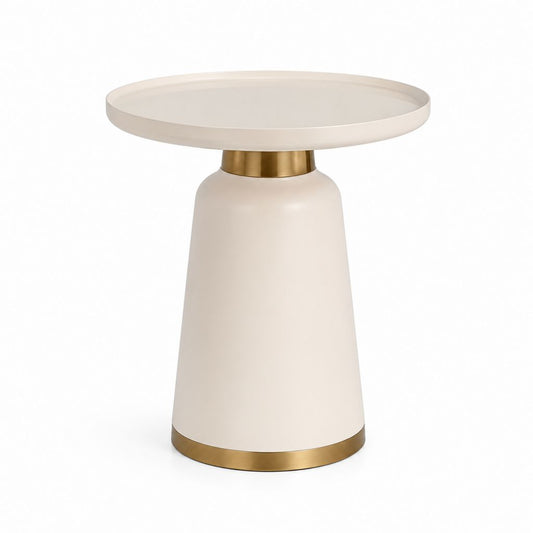 Tavolino laterale rotondo avorio e oro in MDF e acciaio Ø45 x H55 cm