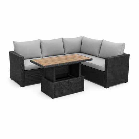 Set divano da giardino angolare 3 pezzi nero e grigio in polyrattan con tavolo elevabile 220 x 170 cm
