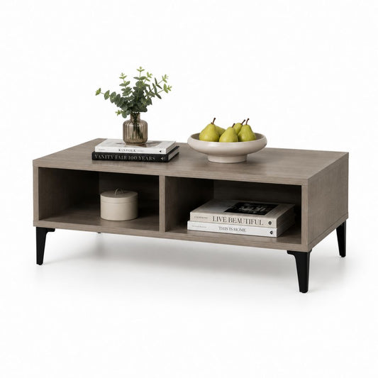 Tavolino da caffè rettangolare grigio effetto rovere in pannello truciolare 100 x 50 x 45 cm con 2 vani aperti