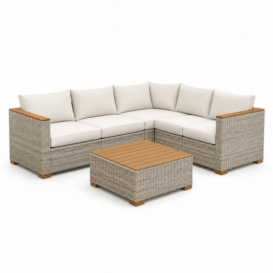 Set divano angolare da giardino 5 posti con tavolino grigio écru in rattan PE e acacia a L divano 220 x 220 x 70 cm tavolino 100 x 60 x 40 cm