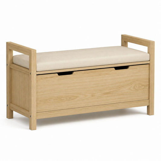 Panca contenitore per camera da letto rovere naturale con cuscino beige rettangolare 100 x 40 x 60 cm