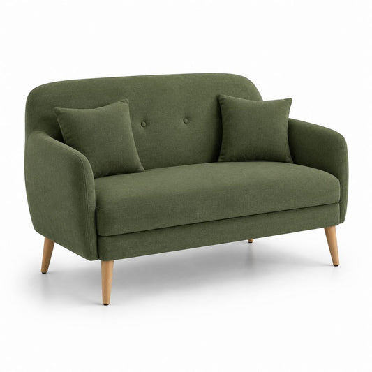 Divano 2 posti verde in poliestere con cuscini e gambe in legno massello 150 x 80 x 85 cm
