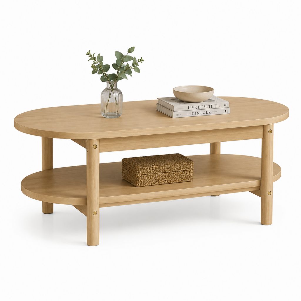 Tavolino da caffè ovale a 2 ripiani rovere chiaro in MDF impiallacciato rovere 110 x 55 x 45 cm