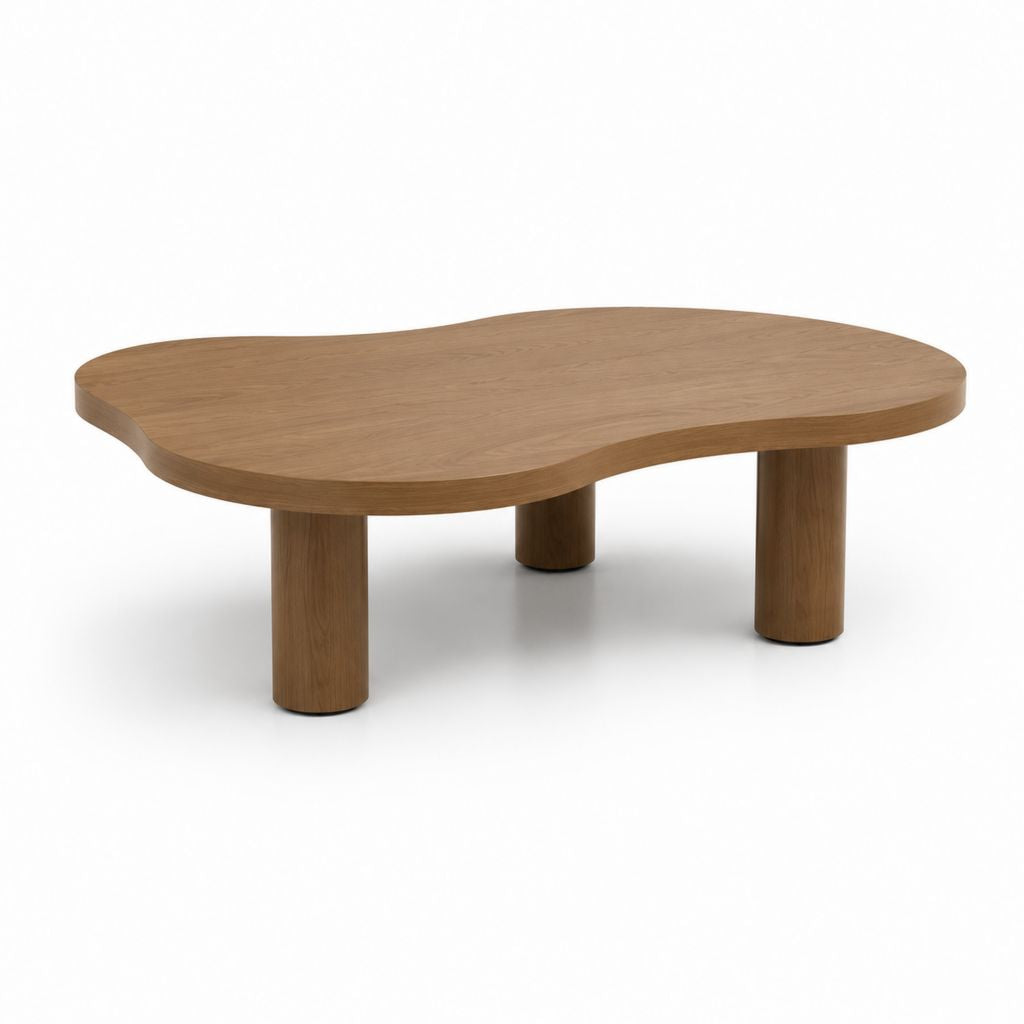 Tavolino da caffè marrone chiaro in MDF impiallacciato rovere forma organica 120 x 70 x 35 cm