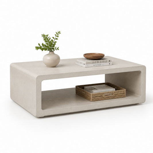 Tavolino da caffè rettangolare beige in MDF effetto pietra con vano portaoggetti 120 x 60 x 40 cm