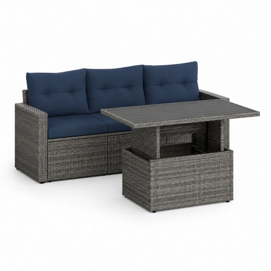 Set salotto da giardino 4 pezzi grigio e blu in polyrattan PE con divano tavolo e pouf divano 180 x 65 x 66 cm