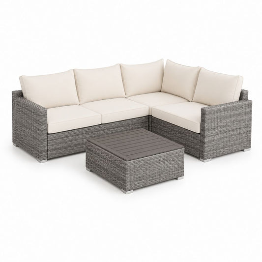 Set divano angolare da giardino 3 pezzi grigio in rattan PE con cuscini color crema 200 x 200 x 65 cm