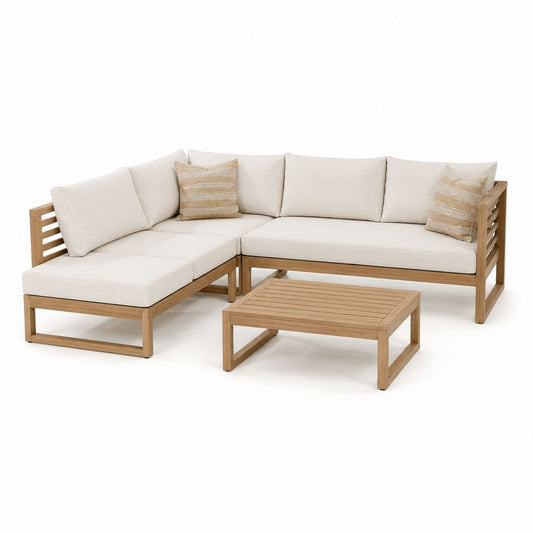 Set divano da giardino angolare 4 posti in legno massello di acacia beige con tavolino 220 x 220 cm