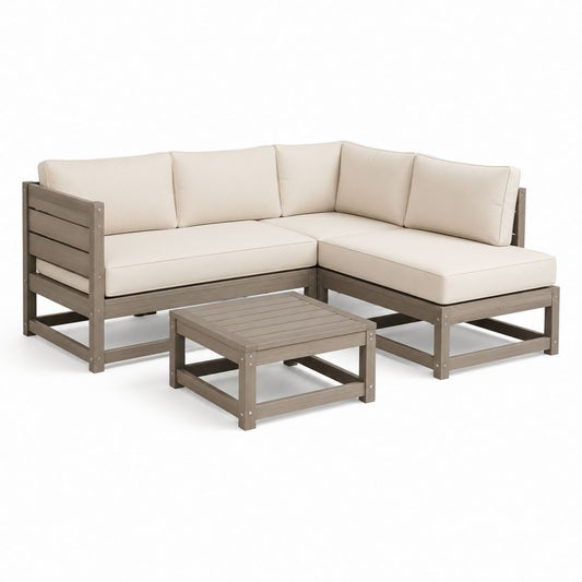 Set divano angolare da giardino con tavolino tortora e beige in legno massello di acacia a L 190 x 190 x 70 cm
