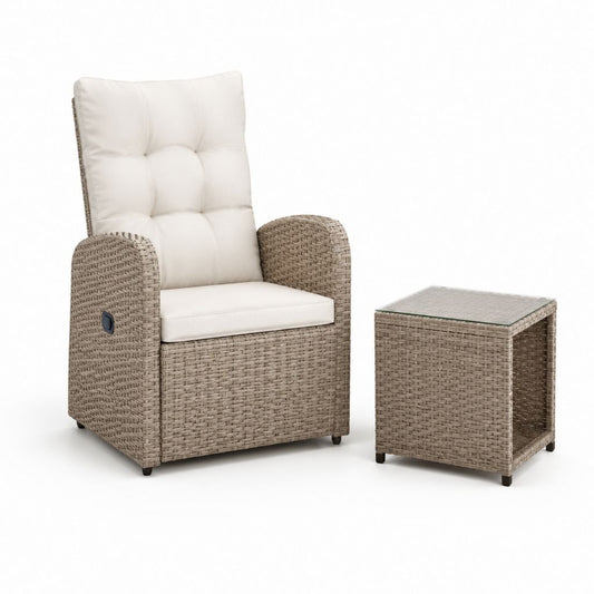Set poltrona reclinabile da giardino 2 pezzi beige in rattan PE con tavolino rettangolare e vetro temperato Poltrona 68 x 85 x 105 cm Tavolino 50 x 50 x 45 cm