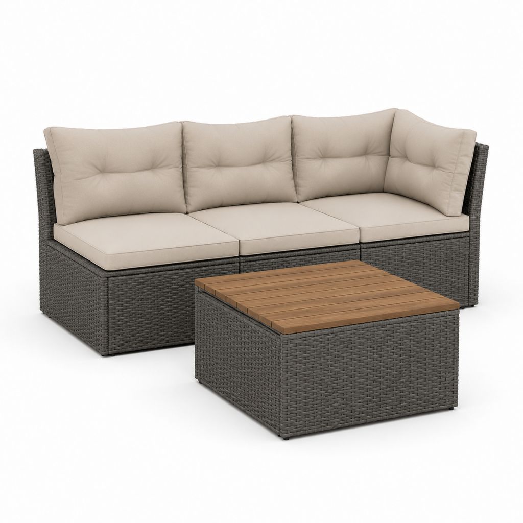Set divano angolare da giardino 3 posti con tavolino grigio antracite in rattan PE e cuscini beige 193 x 140 x 60 cm