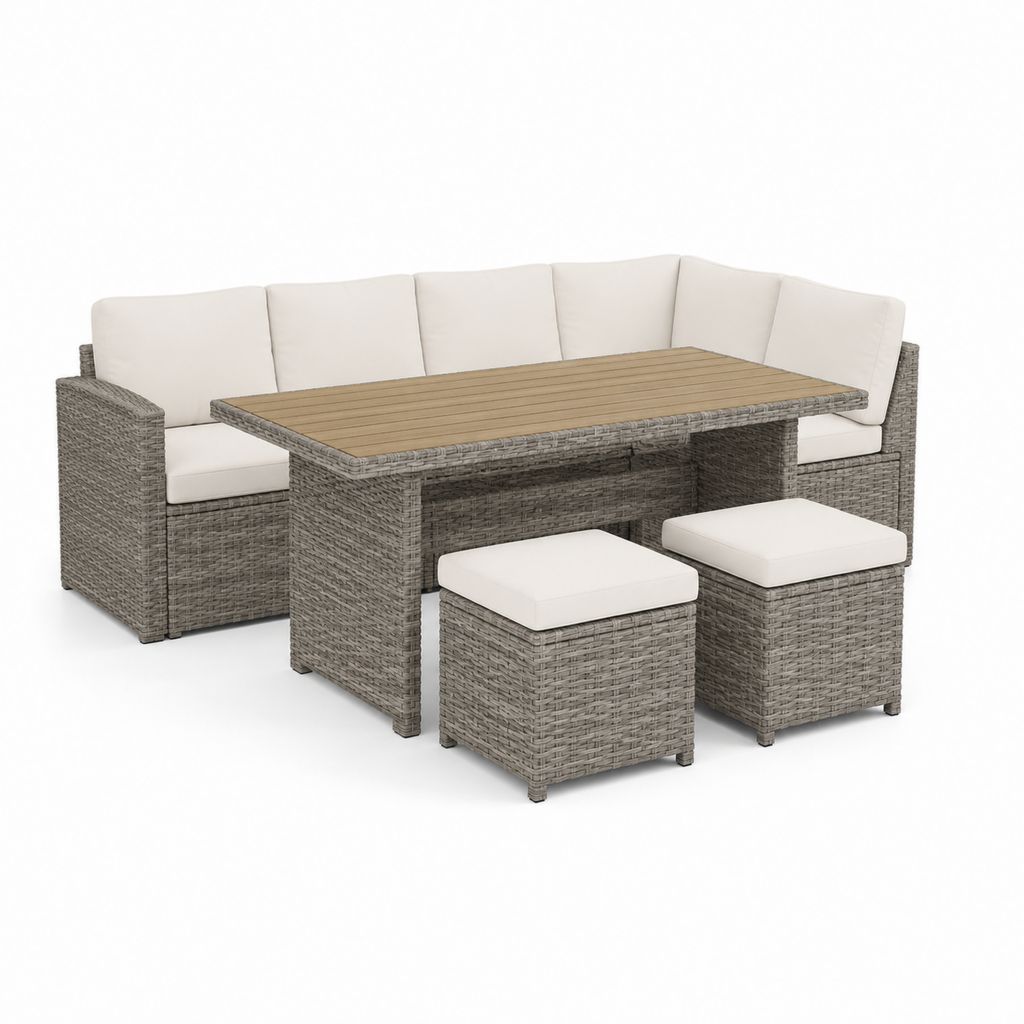 Set divani da giardino angolare 5 pezzi grigio in rattan PE con cuscini crema tavolo rettangolare 150 x 90 x 74 cm