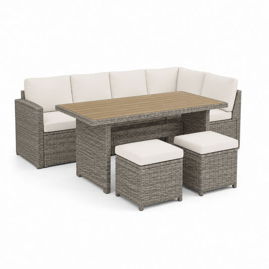 Set divani da giardino angolare 5 pezzi grigio in rattan PE con cuscini crema tavolo rettangolare 150 x 90 x 74 cm
