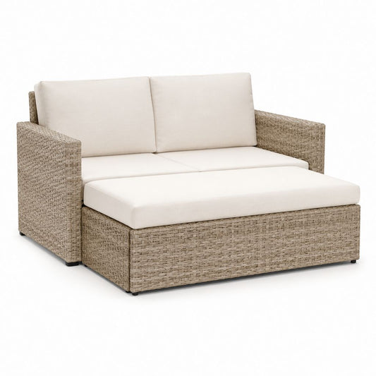 Divano da giardino 2 posti con chaise longue beige in rattan PE e acciaio 165 x 150 x 85 cm