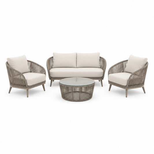 Set salotto da giardino 4 pezzi grigio tortora in alluminio e corda di polipropilene con divano 2 posti 140 x 75 x 78 cm
