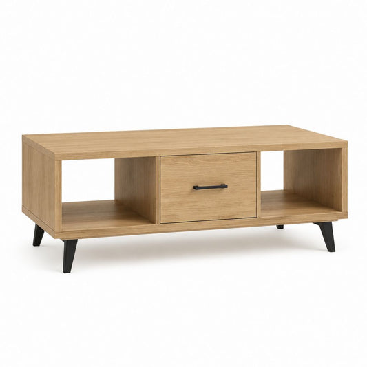 Tavolino da caffè rettangolare rovere in MDF 120 x 60 x 50 cm con cassetto e vani aperti