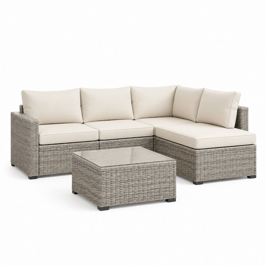 Set divano angolare da giardino 3 pezzi grigio in rattan PE con cuscini beige e tavolino 200 x 140 x 65 cm