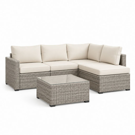 Set divano angolare da giardino 3 pezzi grigio in rattan PE con cuscini beige e tavolino 200 x 140 x 65 cm