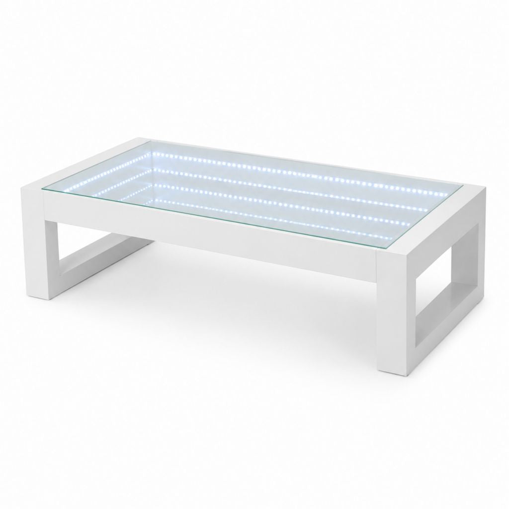 Tavolino da caffè rettangolare bianco in MDF e vetro temperato con luci LED 100 x 60 x 40 cm